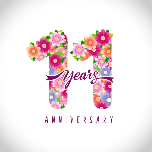 11Th Anniversary Numbers Years Old Logotype Floral Pink Congrats Isolated — Stock Vector