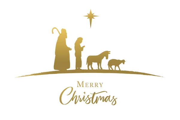 牧羊人 驴和羊的黄金轮廓 耶稣降生的场景 圣诞快乐 书法优美 字体优美 伯利恒基督教信笺和金星 矢量贺卡 — 图库矢量图片