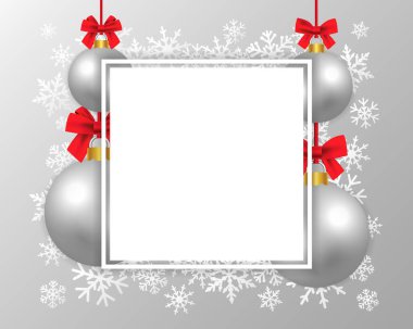 Noel baloları ve kar taneleriyle geçen kış tatili geçmişi. Gerçekçi 3D gümüş Xmas topu ve beyaz kar. Yeni yıl tanıtım afişi, afişi veya tebrik kartı için tasarım