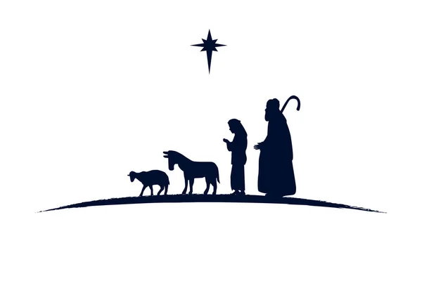 Пастухи Тварини Чорного Силуету Сцени Народження Веселого Різдвяного Християнського Привітання — стоковий вектор