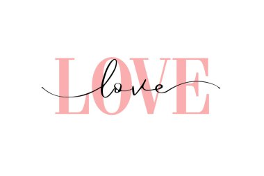 Zarif harflerle yazılmış aşk sözcüğü. Modern kaligrafi aşk metni. Vektör çizimi. Tişört, poster, pankart baskısı için tasarım. Beyaz arkaplanda pembe renkli metin. Tee için güzel bir baskı