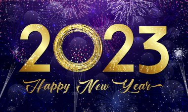 2023 Yeni Yıl kutlu olsun. Logotype konsepti 3 boyutlu. Güzel karlı zemin. Soyut izole grafik tasarım şablonu. Dekoratif numaralar 0, 2, 3. Yaratıcı rakamlar ve bg. Noel dekoru.