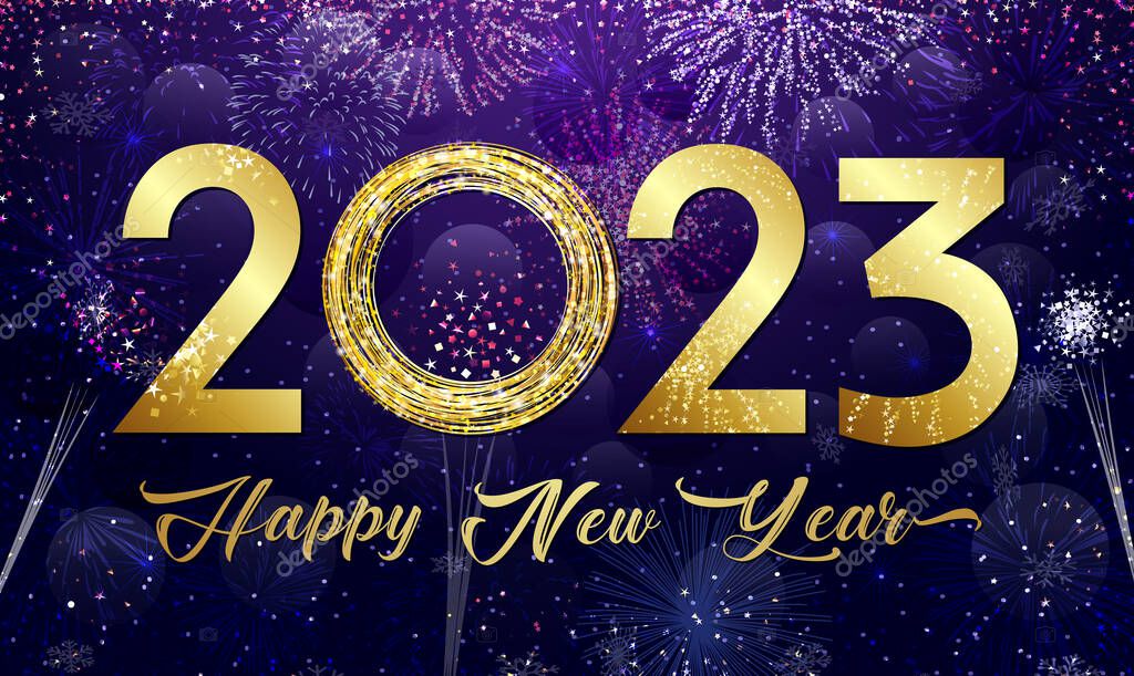 2023 A Happy New Year congrats. Logotype concept in 3D style. Beautiful snowy backdrop. Abstract isolated graphic design template. Decorative numbers 0, 2, 3. Creative digits and bg. Christmas decor.