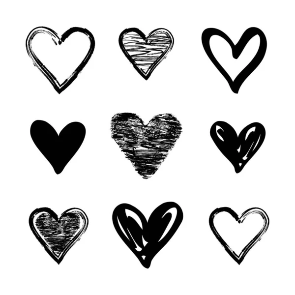 Set Doodle Grunge Sketch Black Hearts Valentines Day Wedding Love — Vetor de Stock