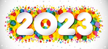 Mutlu yıllar 2023, tebrikler. Yatay logot kavramı. Web afişi fikri. Karlı beyaz arka plan. Soyut izole grafik tasarım şablonu. Dekoratif renkli parmaklar. Yaratıcı Noel dekorasyonu