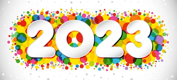 Mutlu yıllar 2023, tebrikler. Yatay logot kavramı. Web afişi fikri. Karlı beyaz arka plan. Soyut izole grafik tasarım şablonu. Dekoratif renkli parmaklar. Yaratıcı Noel dekorasyonu