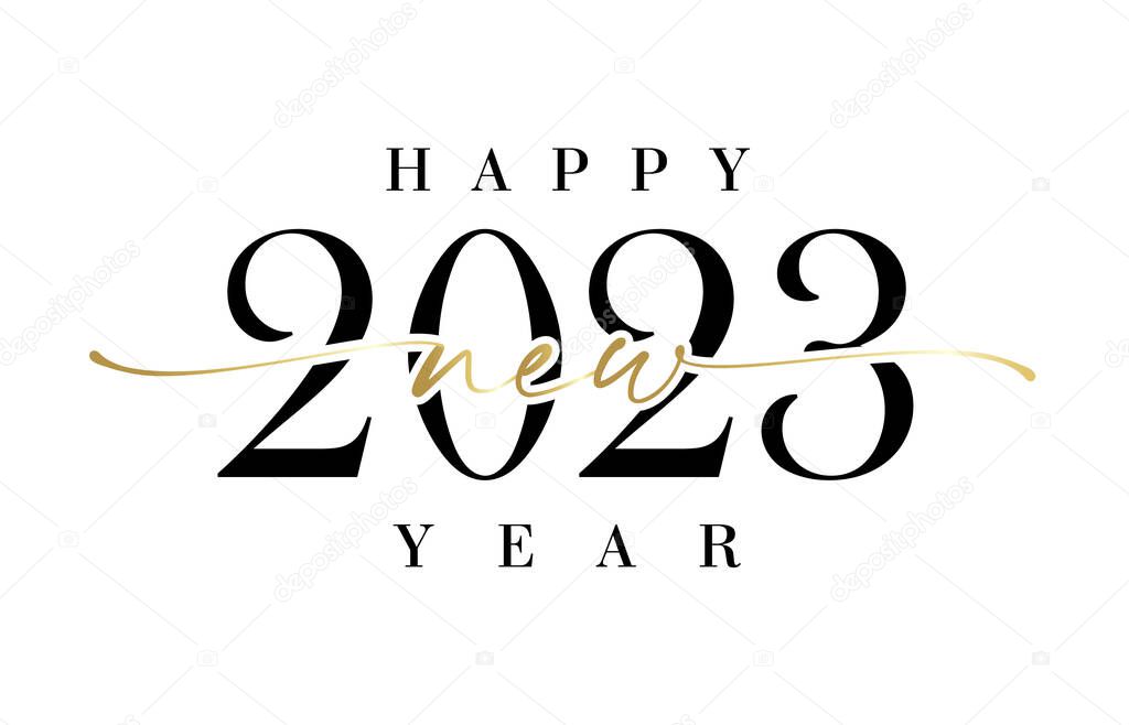 Happy New Year 2023 elegant calligraphy. Luxury black digits vector illustration for holiday New Year. Numbers 20 23 and golden font for greeting card or banner