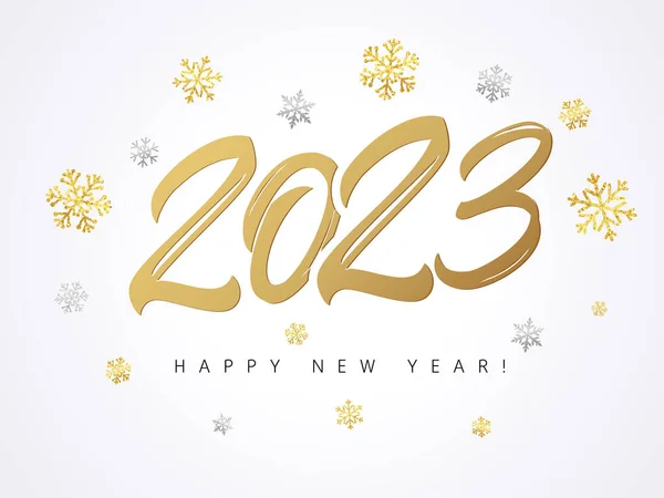 ハッピーニューイヤー2023黄金のロゴテキストデザイン 2023年の数字 輝くコンフェッティ 白い背景に金色の雪の結晶を輝くベクトル休日のイラスト — ストックベクタ