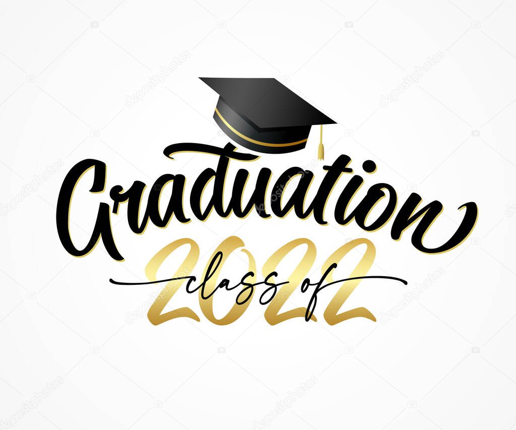 Graduation 2022 class of with square academic cap. Congratulation graduate black lettering and golden numbers with student hat. Template design for party high school or college, grad invitations
