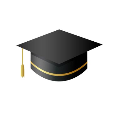Vector black graduate cap with gold tassel isolated on white background. 3D square academic hat for graduation ceremony. Element for your design
