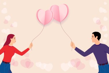 Girl and boy with valentine paper heart balloons flying. Love couple vector illustration for Valentines day design. Wallpaper, flyers, invitation, posters, brochure, banners