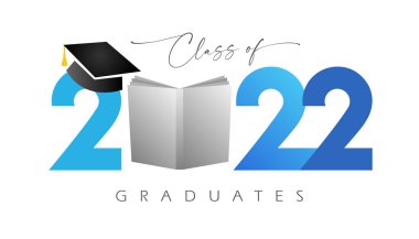 Class of 2022 year graduation banner. Class off or back to school idea. Creative 3D congrats. Blue digits 20 22.  Isolated abstract graphic design template. Brush stroke calligraphy. White background.