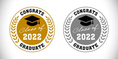 Set of educational medals. Class of 2022 off. Awards of year. 1st and 2nd place achivement stamp. Round palm wreath elements. First, second places winner. Isolated abstract graphic design template.