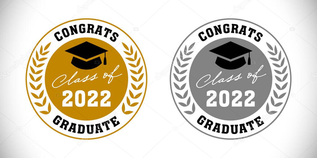 Set of educational medals. Class of 2022 off. Awards of year. 1st and 2nd place achivement stamp. Round palm wreath elements. First, second places winner. Isolated abstract graphic design template.