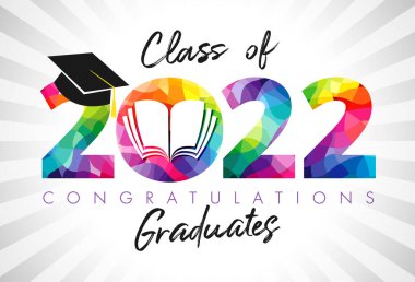 Class of 2022 graduation digits. Creative background. Class off holiday colour invitation banner. Stained-glass 20 22, open book. Isolated abstract graphic design template. Brush stroke calligraphy.