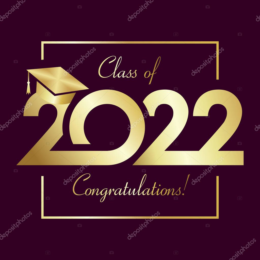 Class of 2022 year graduation square greetings. Class off creative idea. Golden 20 22, gold frame and calligraphic text. Isolated abstract graphic design template. Handwriting calligraphy. 2022 class off golden square
