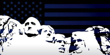Başkanlar Günü için Rushmore Dağı arka planı. ABD başkanlarının 4 heykeli afiş, poster ve tebrik kartı için tasarlandı. Vektör illüstrasyonu