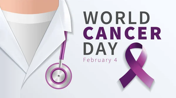 Journée Mondiale Cancer Docteur Avec Ruban Violet Stéthoscope Illustration Vectorielle — Image vectorielle