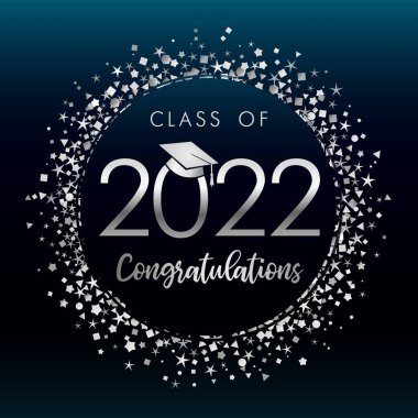 2022 mezunları koyu mavi arka planda gümüş simli konfeti etiketi ile mezun oldu. 2022 yılı mezuniyet töreni için kare akademik şapkalı vektör imajı.