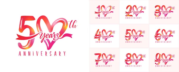 Set Anniversary Love Logo Pink Handwriting Wedding Celebration Event Vector — Stock Vector