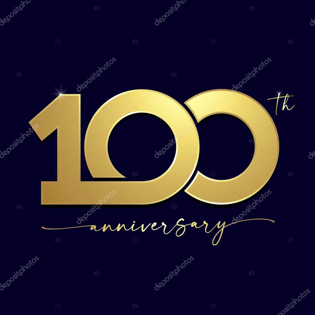 100 years anniversary simple gold logo with handwriting for celebration event. Vector illustration 100th birthday for greeting card or jubilee invitation
