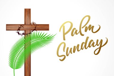 Palm Sunday el yazısı tebrik kartı. Hosanna en üstte. Haçlı ve palmiye yapraklı Hıristiyan posteri. İncil vektör illüstrasyonu