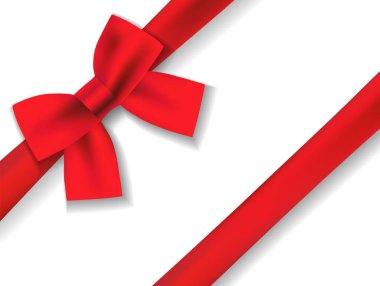 Beyaz arka planda parlak kırmızı saten kurdele. Vektör kırmızı yay ve kurdele. Anneler Günü, Noel hediyesi, Sevgililer Günü, doğum günü paketleme elementi.