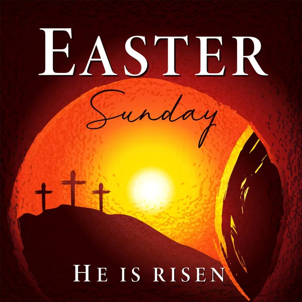 Niedziela Wielkanocna Zmartwychwstał Grób Kalwarii Rano Święta Kartka Okolicznościowa Tygodnia — Wektor stockowy