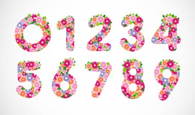 Çiçek numaraları koleksiyonu. Yaratıcı dekatatif pembe parmaklar. Soyut grafik tasarım şablonu. Basit bir tarz. 0 'dan 9' a kadar vektör maskeli bahar ve yaz rakamları kümesi. Dekor fikri.