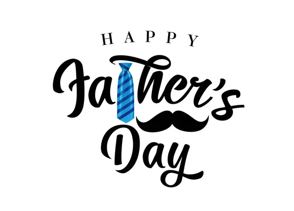 幸せな父の日の黒い書道のレタリング 青い縞模様のネクタイとお父さんの日のための口ひげベクトルイラスト特別オファーバナー — ストックベクタ