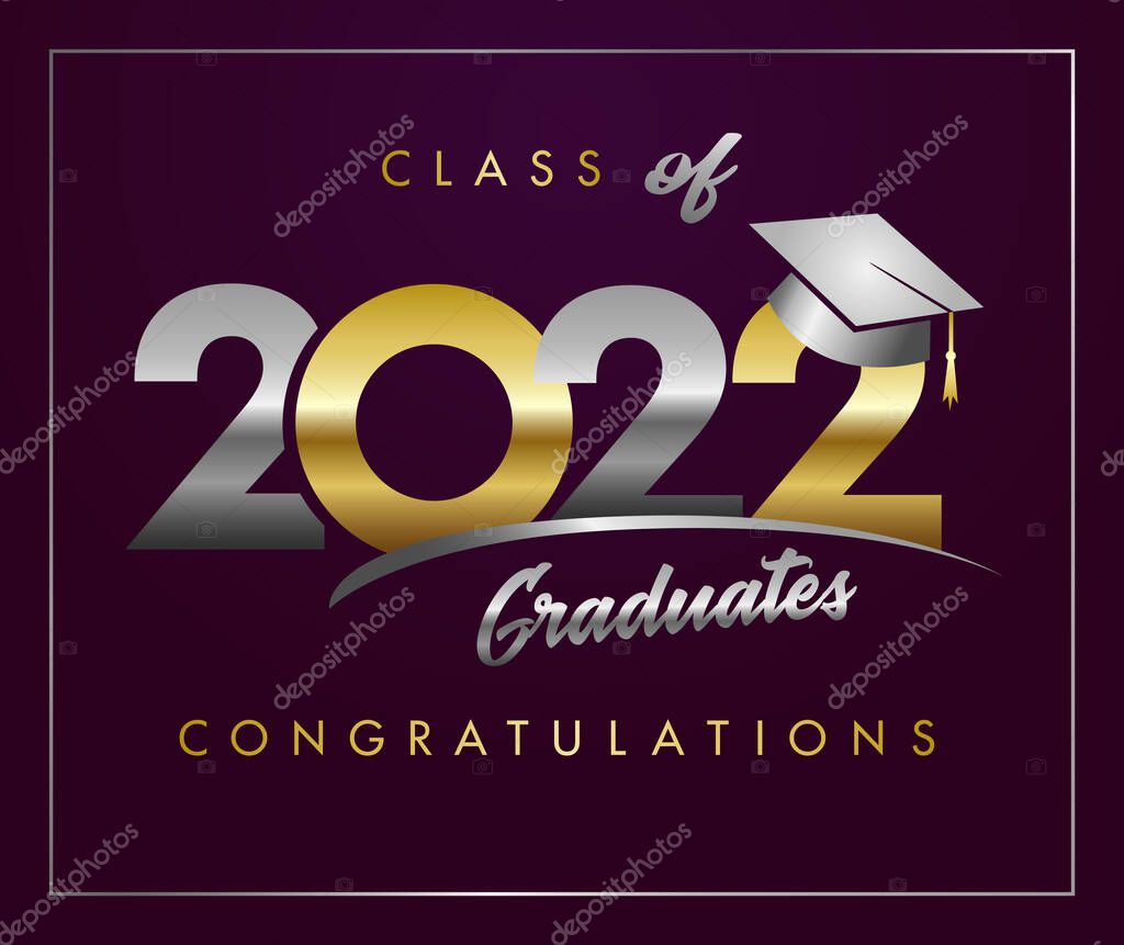 Celebration of class off event. 2022 shiny number with graduating hat. Diploma title or cover. Silver and gold icon. Banner concept. Isolated abstract graphic design template. Calligraphic lettering.
