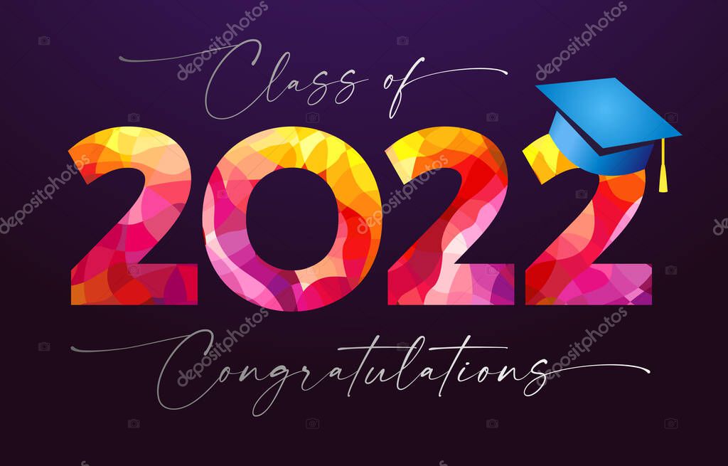 Graduates 2022 blue cap. 2022 educational numbers and calligraphic text. Isolated abstract graphic design template. Brignt colorful symbol 20 22, anniversary idea. Blue graduating cylinder. Back to School invitating congrats.