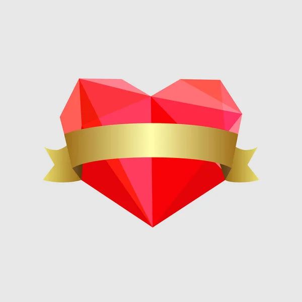Diamond Red Heart Gold Award Ribbon Sign Creative Heart Icon — Wektor stockowy