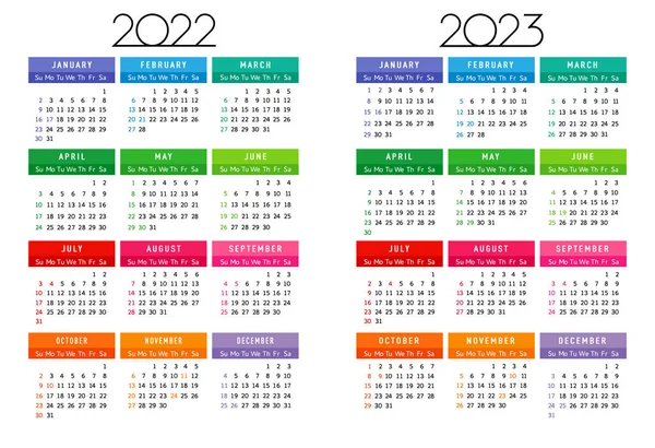 Calendar 2022 2023 Years Editable Template Week Start Sunday Colored — Vector de stock
