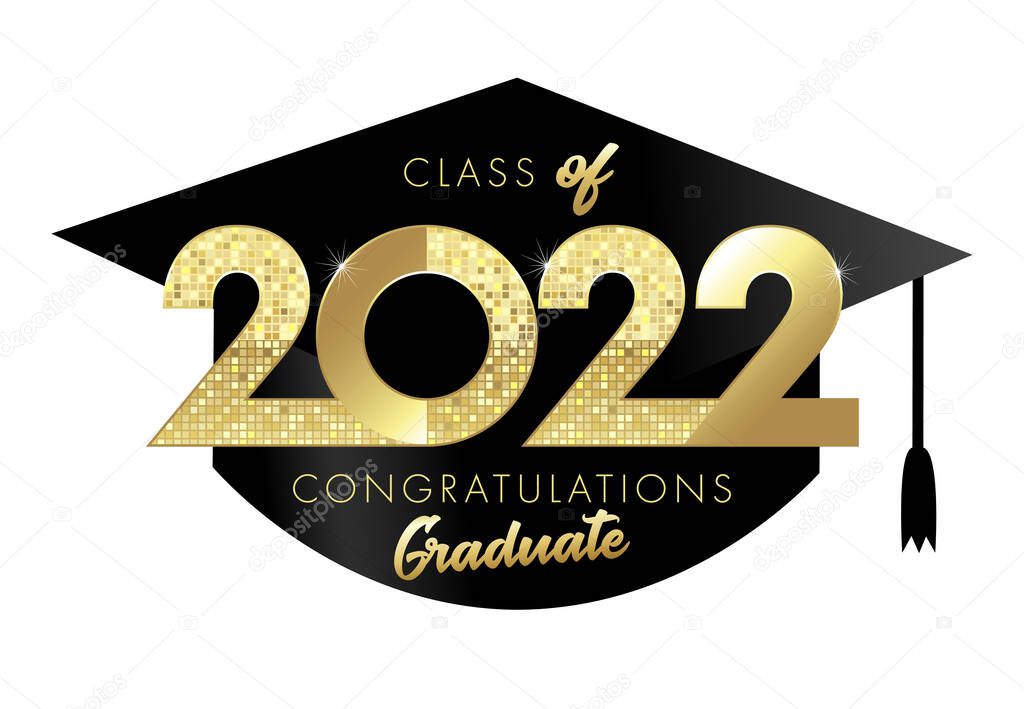 Graduating icon or badge. Class of 2022 year graduation. Class off logo concept, shiny gold lettering. Numbers 20, 22 with square cylinder. Isolated abstract graphic design template. Creative congrats