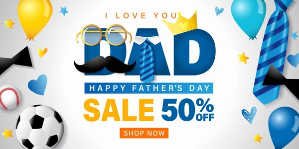 Sale Banner Fathers Day Template Necktie Mustache Promotion Poster Love — Διανυσματικό Αρχείο