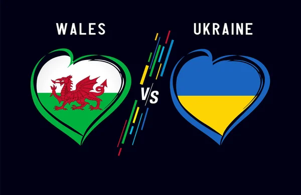 Flagga Hjärtan Emblem Svart Bakgrund Wales Ukraina Landslag Fotboll Walesiska — Stock vektor