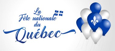 Quebec Günü Fransızca versiyonu klasik harfler ve balonlar. Bonne fete du Quebec - Fransızca metin Mutlu Quebec Günü. Quebec 'in Ulusal Tatili Aziz Jean-Baptiste Vaftizci John Günü, 24 Haziran