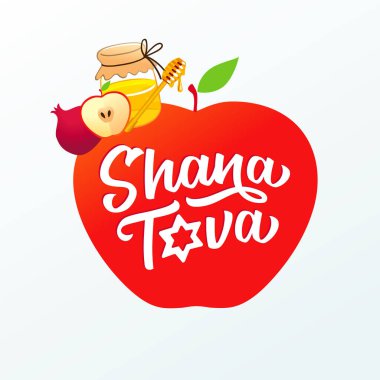 Elma, nar ve ballı Shana Tova harfleri. Mutlu yıllar, Yahudi bayramı Rosh Hashanah. Vektör illüstrasyonu