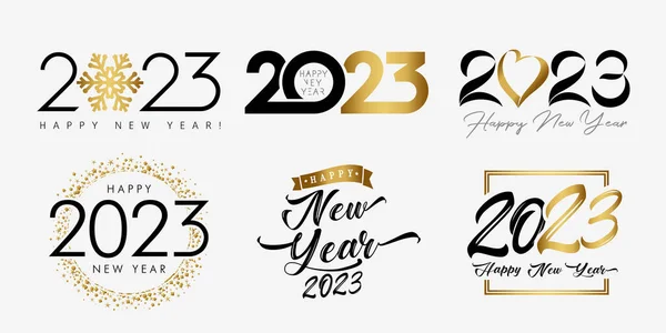 Большой Набор 2023 Happy New Year Золотой Черный Логотип Снежинкой — стоковый вектор