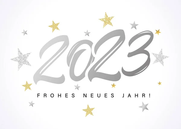 2023 Frohes Neues Jahr Silver Logotyp Text Design Och Stjärnor — Stock vektor