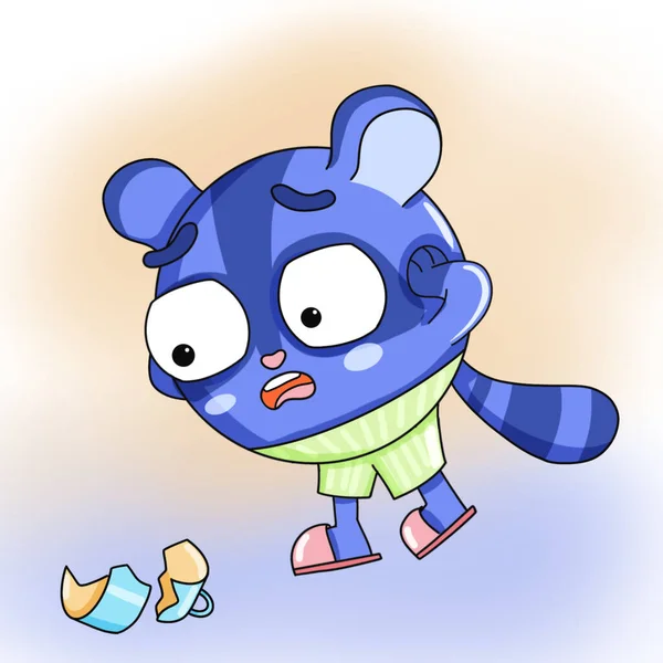 Küçük yuvarlak bir rakun bir bardak kırdı ve korktu. Sevimli hayvanlar..