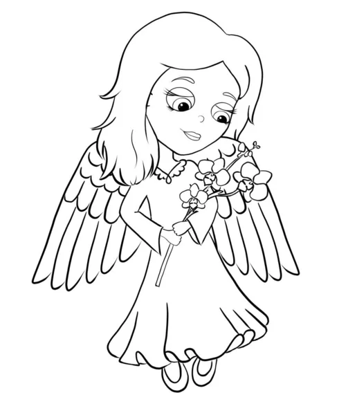 Tatlı bir melek elinde bir orkide çiçeği tutuyor. boyama kitabı.