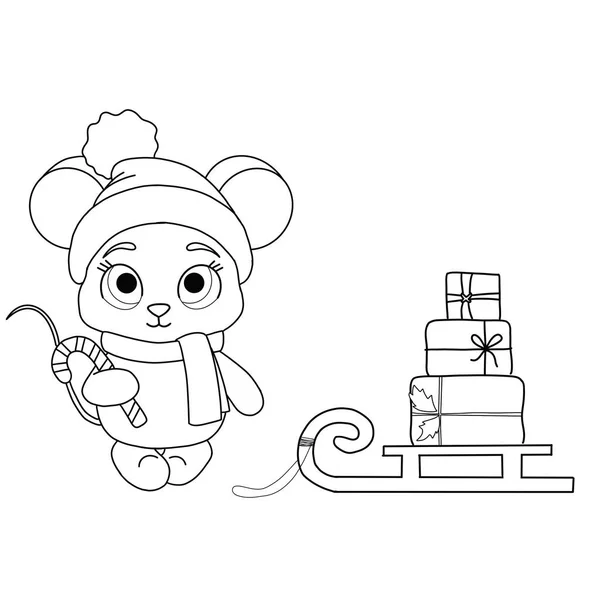 Noel lolipopu ve kızağında hediyeler olan sevimli bir fare. Boyama kitabı