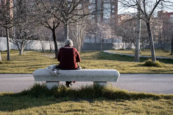 Parkta bankta oturan tanınmayan yaşlı kadın.