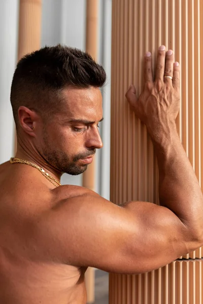 Üstsüz formasız bir adamın dikey fotoğrafı. Güçlü bir adam pazularına bakıyor. Açık havada spor salonu kavramı.