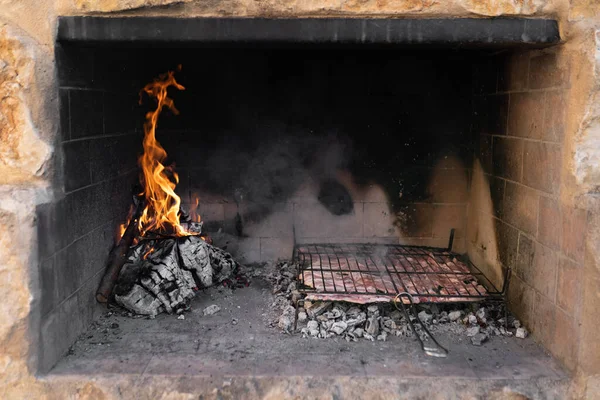 La carne cruda se está cocinando dentro de la barbacoa con carbón al lado de la leña en llamas. —  Fotos de Stock