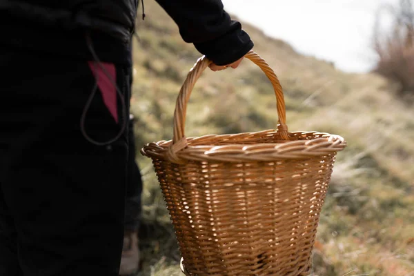Mano de mujer sosteniendo una cesta para recoger setas — Foto de Stock