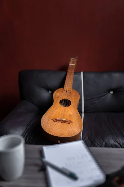 Une Guitare Jarana Mexicaine Repose Sur Canapé Derrière Carnet Compositeur — Photo