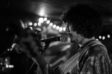 Genç bir Meksikalı müzisyen bir konser sırasında jarana gitar çalıp şarkı söylüyor. Canlı müzik kavramı